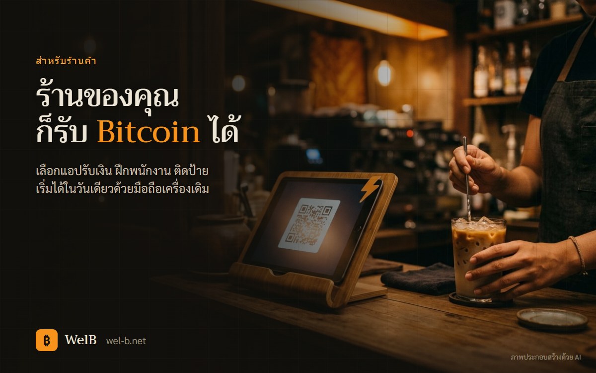 ภาพประกอบเคาน์เตอร์ร้านกาแฟที่มีป้ายรับ Bitcoin และแท็บเล็ตขึ้น QR รับเงิน
