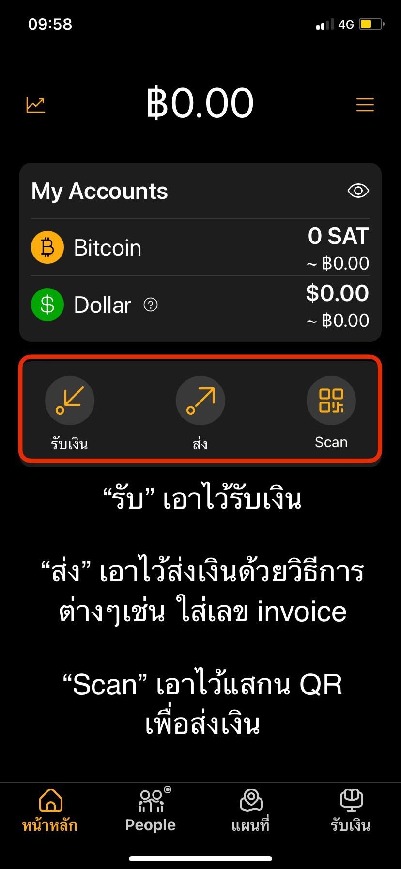 หน้าหลักและปุ่ม Receive, Send, Scan