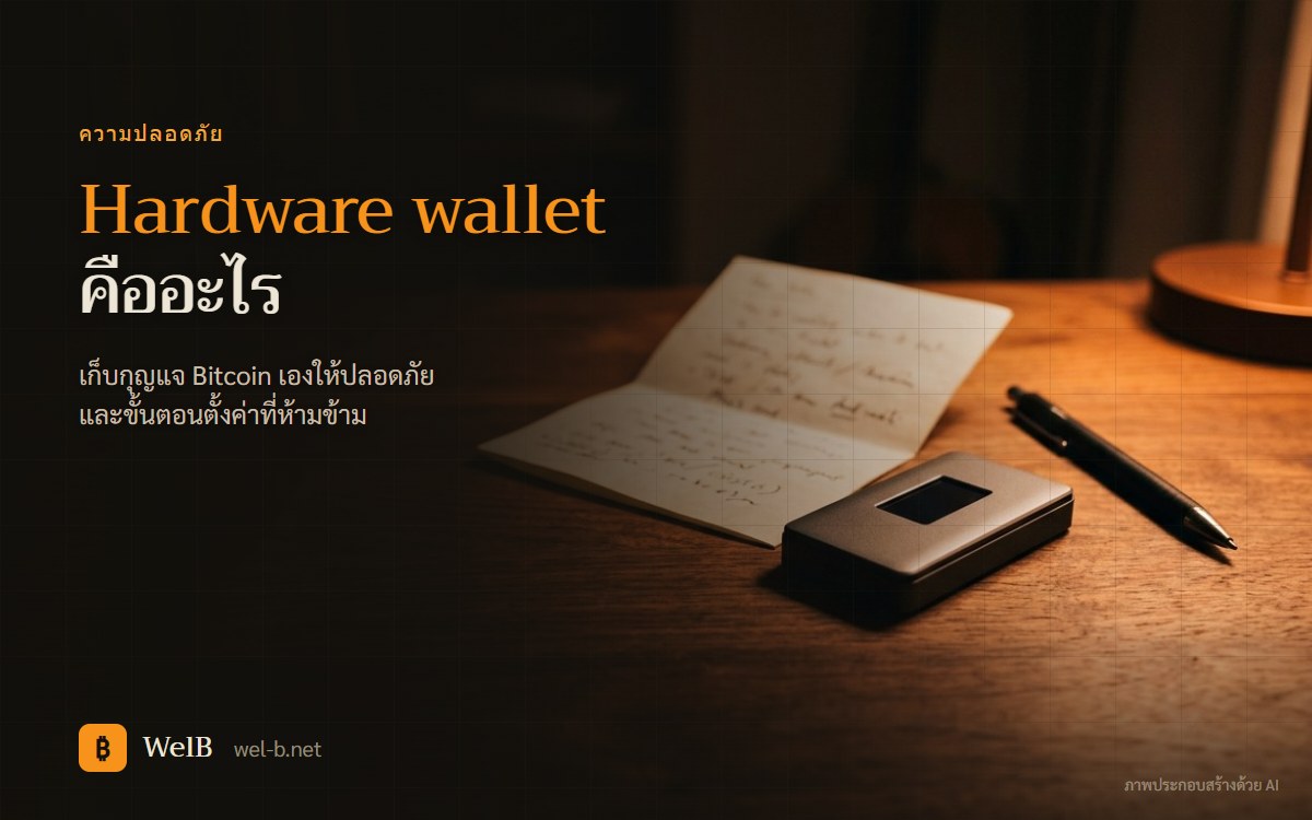 ภาพประกอบ hardware wallet วางบนโต๊ะคู่กับกระดาษจดคำกู้คืนที่ปิดคำไว้