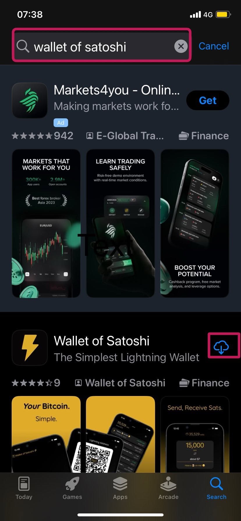 ค้นหา Wallet of Satoshi ใน App Store และดาวน์โหลด