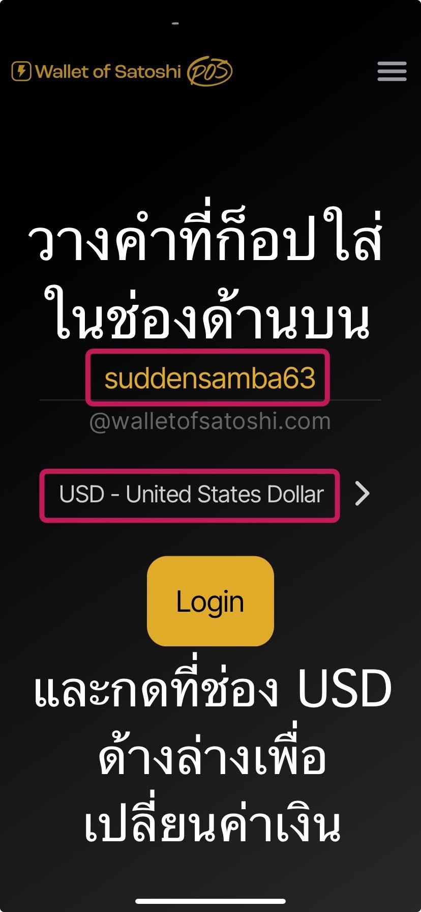 กรอกชื่อผู้ใช้จาก Lightning address และเลือกสกุลเงิน