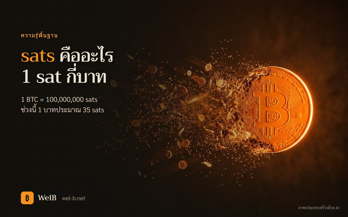 ภาพประกอบเหรียญ Bitcoin แตกออกเป็นเม็ดเล็กๆ จำนวนมาก แทนหน่วย sats